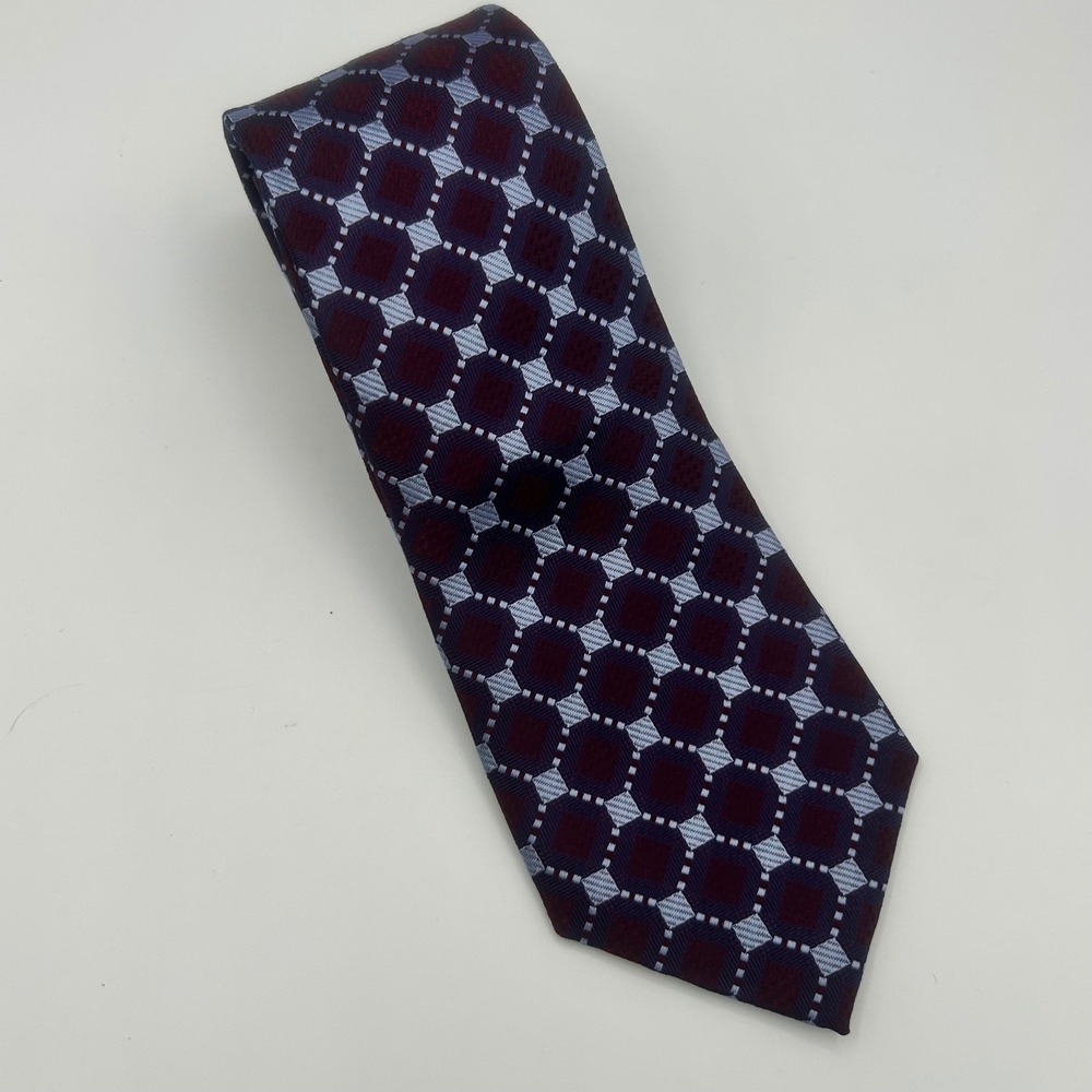 Cape Cod Neckwear Mens Silk‎ Tie Burgundy Blue Geometric Medallion Woven Classic
